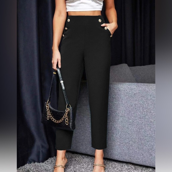 Black High Waist Gold Button Cropped Pants - Picture 3 of 5
